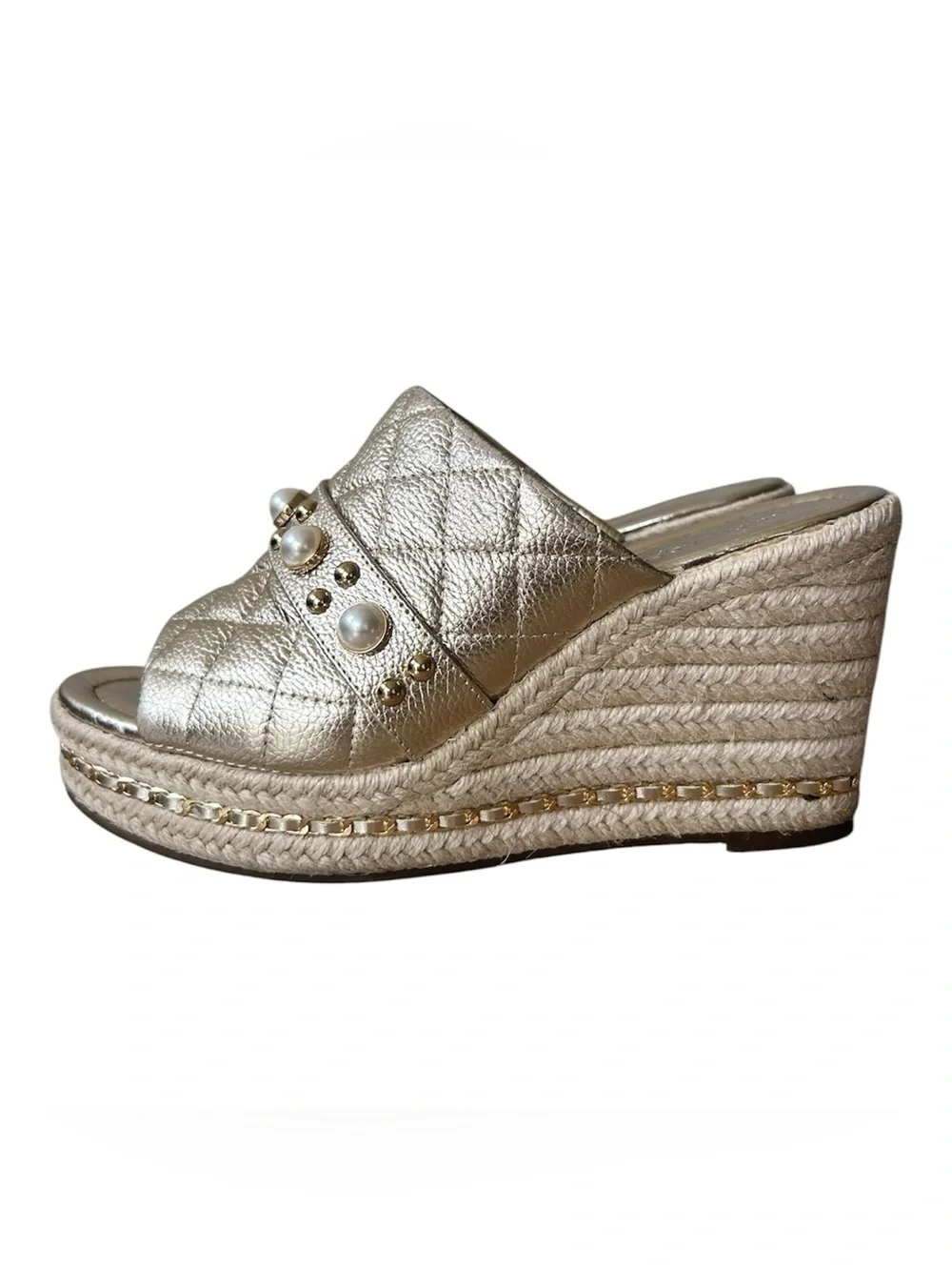 Karl Lagerfeld Paris Camila Espadrille Wedge Sandals Champagne size 8.5